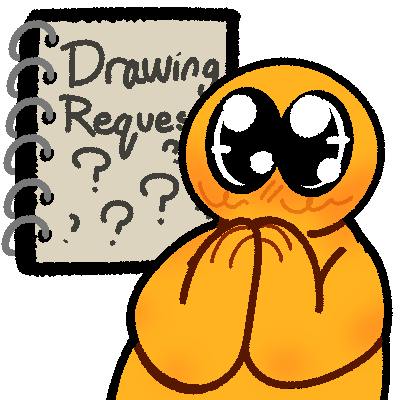  drawing of a simple yellow person with a pleading-like facial expression with their hands in together. behind them is a sketch book that reads 'drawing requests' with a few question marks.